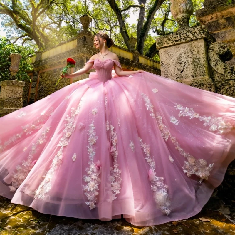 

Pink Shiny Ball Gown Quinceanera Dresses Off The Shoulder Applique Flower Beads Corset Tull Party Birthday Sweet 16 Dress Vestid