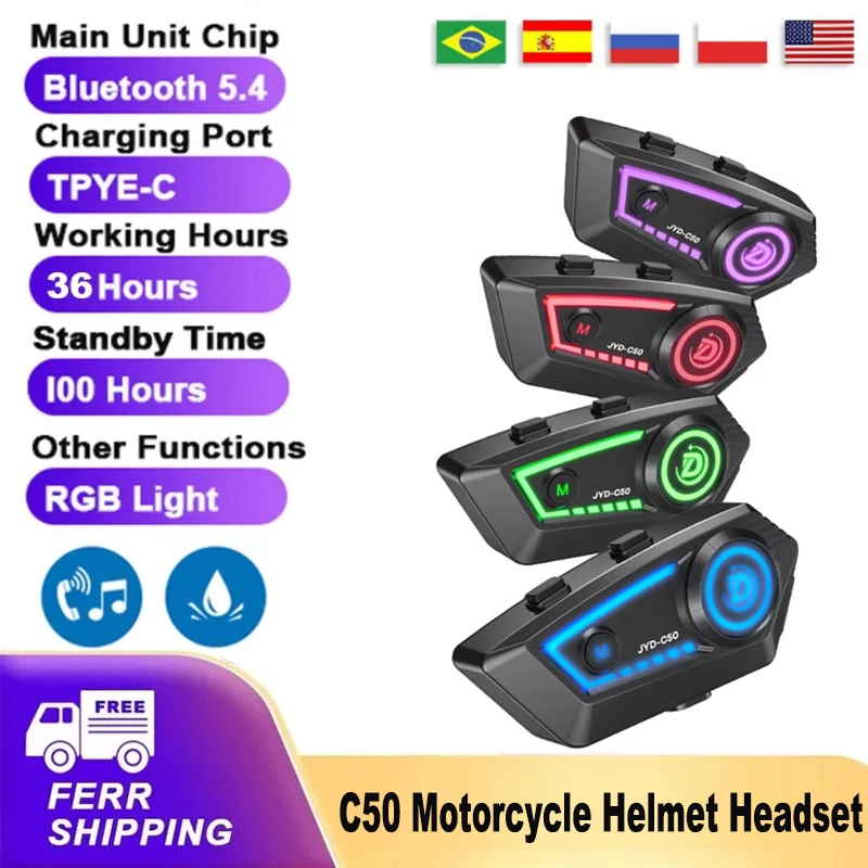 

C50 Wireless Bluetooth5.4 Helmet Headset with Ambient Light Motorcycle Earphone Waterproof MP3 Music Player Speaker Kit for Moto