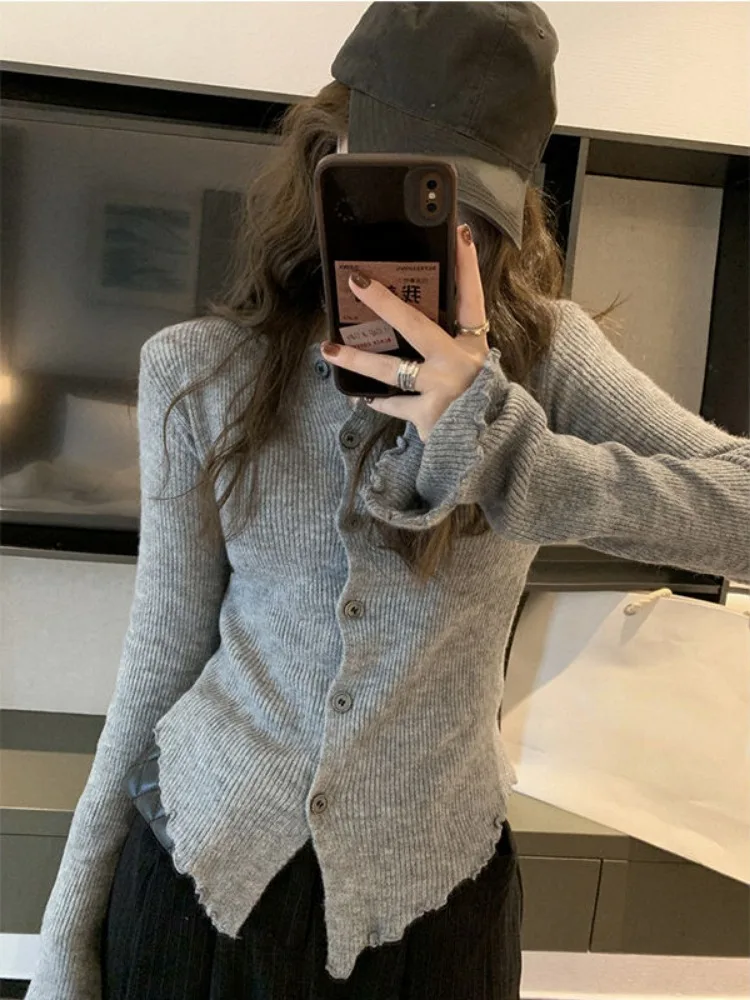 Sweet Sueter Mujer Women Cardigan O-neck Long Sleeve Tunic Temperament Pull Femme Ruffles Fashion Knitted Solid Irregular Tops