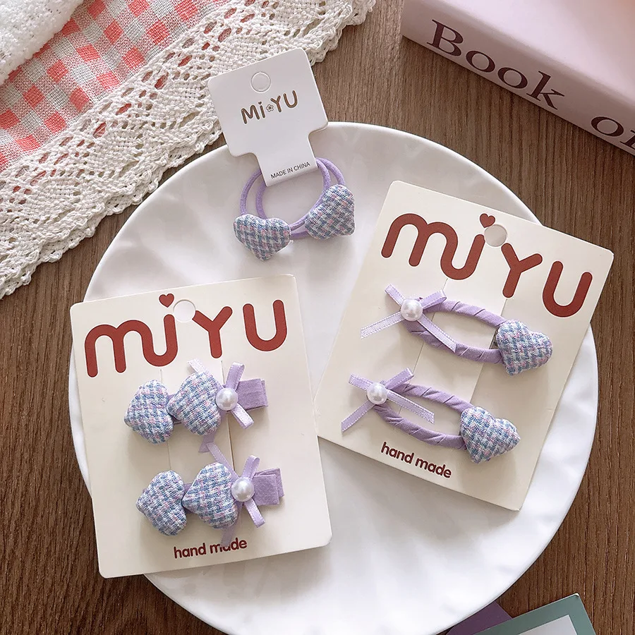 

2PC Baby Hair Clips Set Lavender Tartan Plaid Print Flower BB Barrettes Girls Kids Pearls Hairpins Hair Accessories