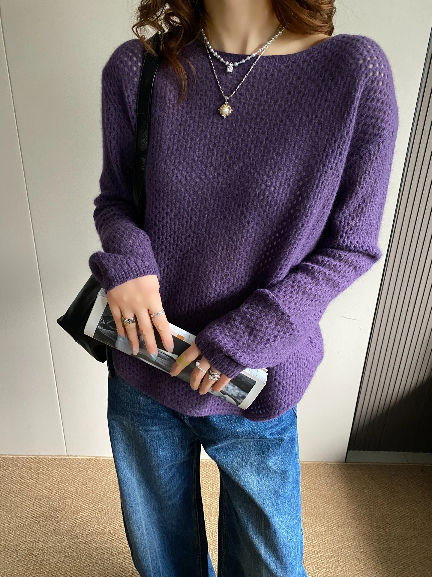 

Свободный вязаный свитер с длинными рукавами и круглым вырезом, с вырезами, для женщин, осенне-зимний, модный, удобный, дышащий, в стиле Lazy Sle Top