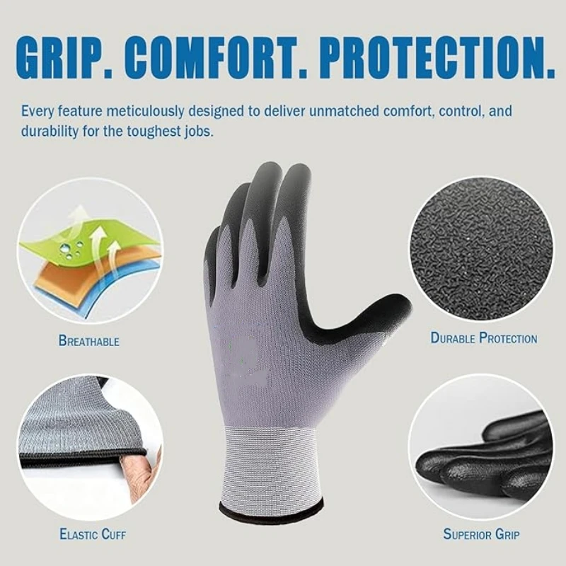 Nitrile Coated Safety Work Gloves Seamless Knit Protective Gloves with Microfoam Grip for Men Construction Industrial Yard Home