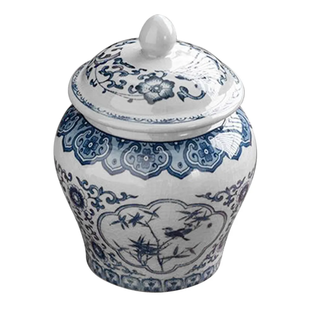 Blue and White Ceramic Tea Jar Vintage Chinese Pottery Design Moisture Proof Airtight Canister for Tea Leaves Home Decor Accent