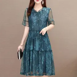 Vintage Printed Gauze Spliced Dresses Casual Drawstring Summer O-Neck Ruffles Female Clothing Fashion Short Sleeve Midi Dress