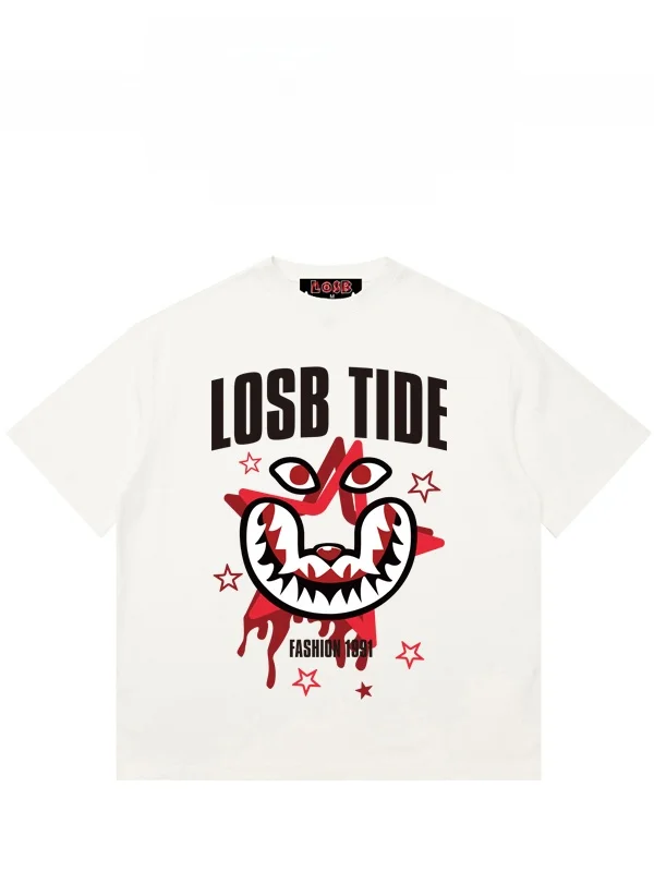 Camiseta de algodón de manga corta con cuello redondo y estampado de boca de tiburón Losb, estilo casual holgado para hombre,...