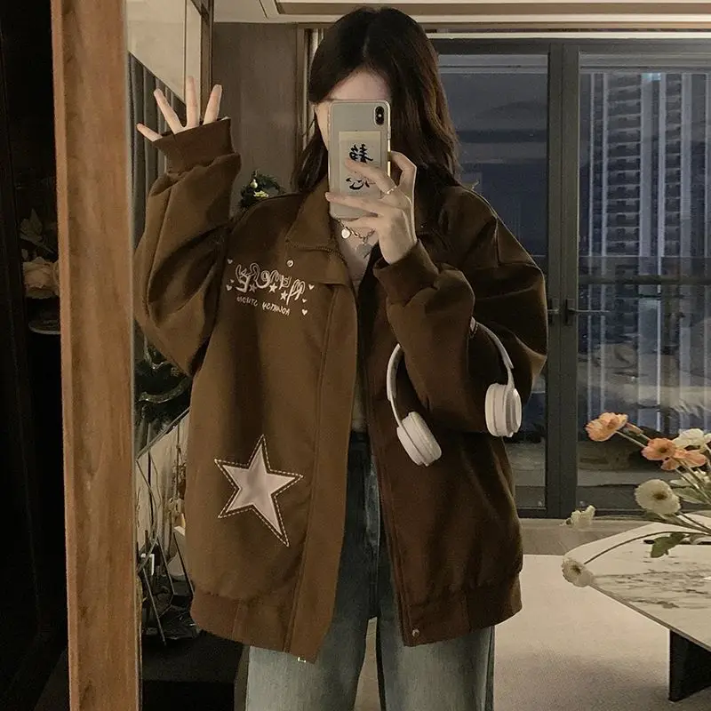 

American Retro College Style Star Printed Long-Sleeved Jacket Women Spring Autumn New Loose Design Bomber Jacket