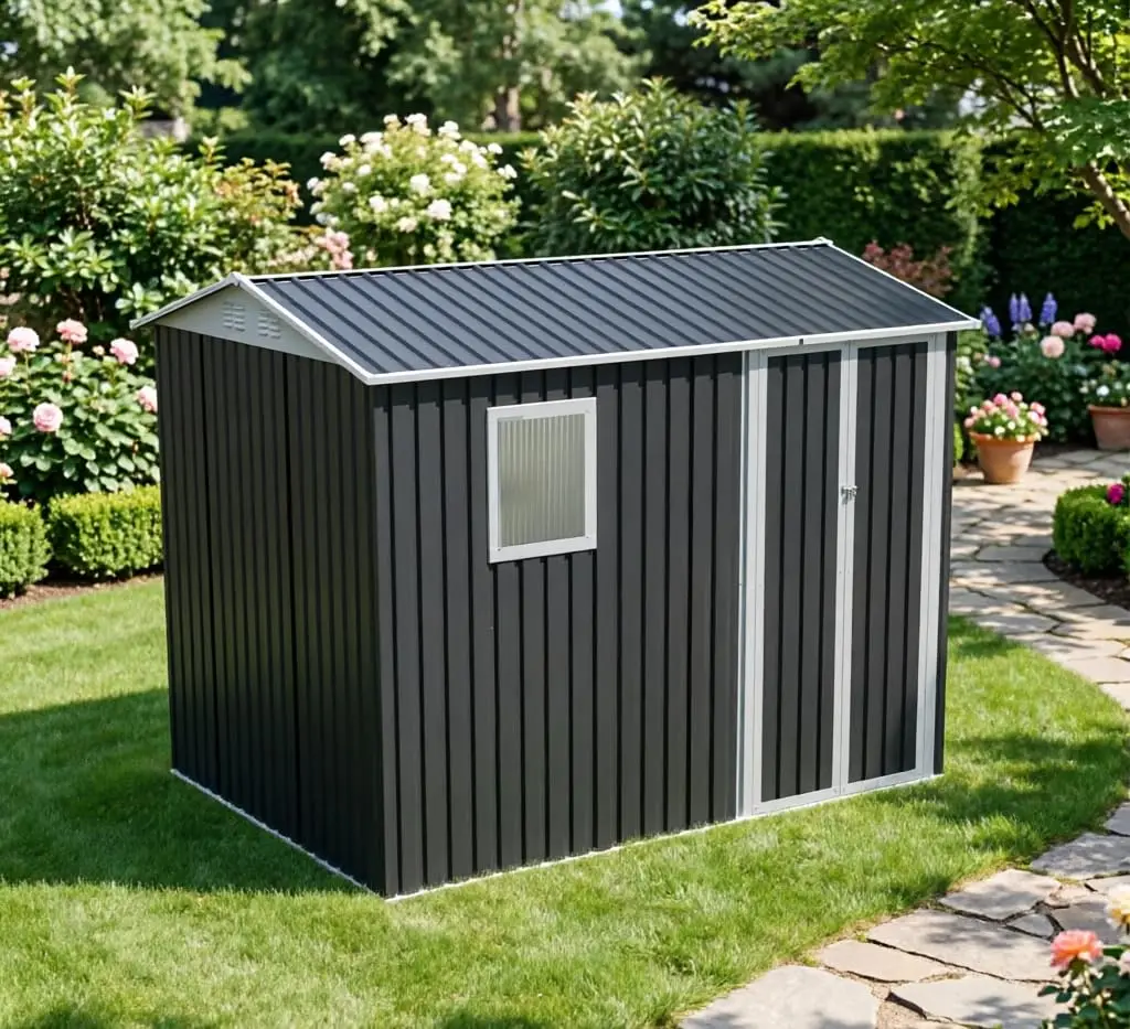 

9x6FT Metal Garden Shed Window Hinged Door Galvanized Steel Outdoor Storage Patio Backyard Lawn Tool House Apex Roof, Customized