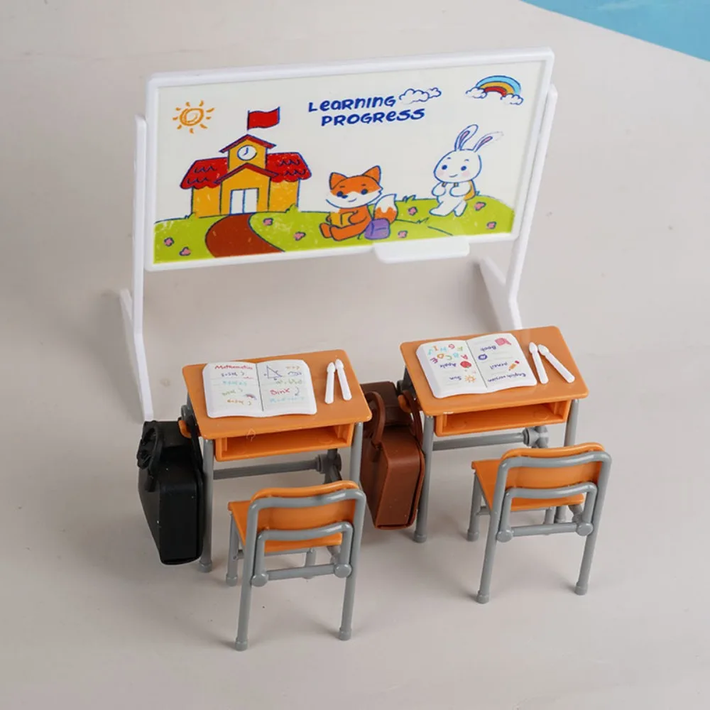Dollhouse Classroom Accessories Miniature School Desk Chalkboard Chair Schoolbags Model for Mini House School Furniture Decor