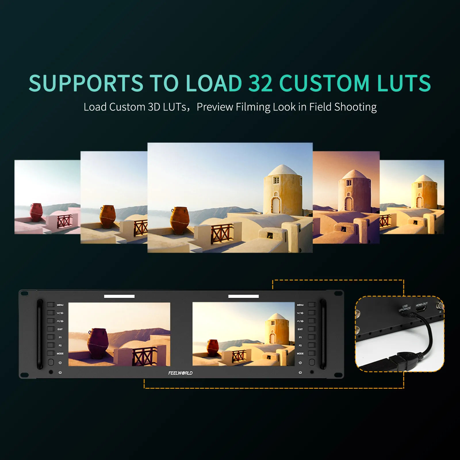 شاشة FEELWORLD D71 PLUS مزدوجة 7 بوصة 3RU SDI HDMI مثبتة على الرف IPS Full HD 1920x1200 مع جهاز تحكم عن بعد ثلاثي الأبعاد على الموجي