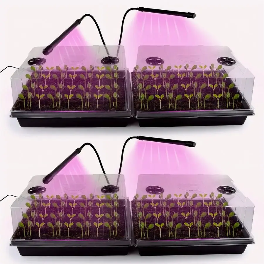 

Набор из 4 лотков для рассады с фитолампами, 5 куполами для контроля влажности и 4 светодиодными лампами, регулируемый таймер, полный комплект.