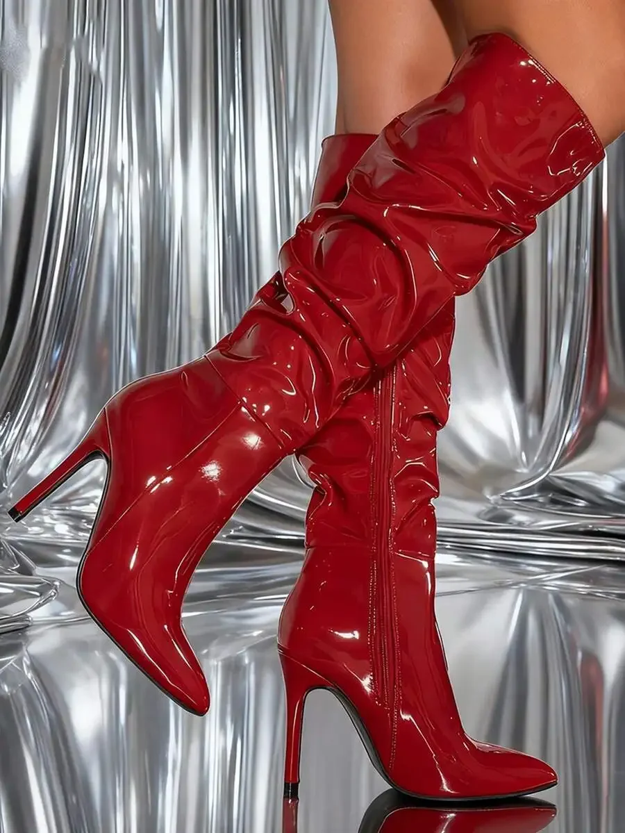 

Red Patent Leather Over-The-Knee Pleated Stiletto Boots Pointed Toe