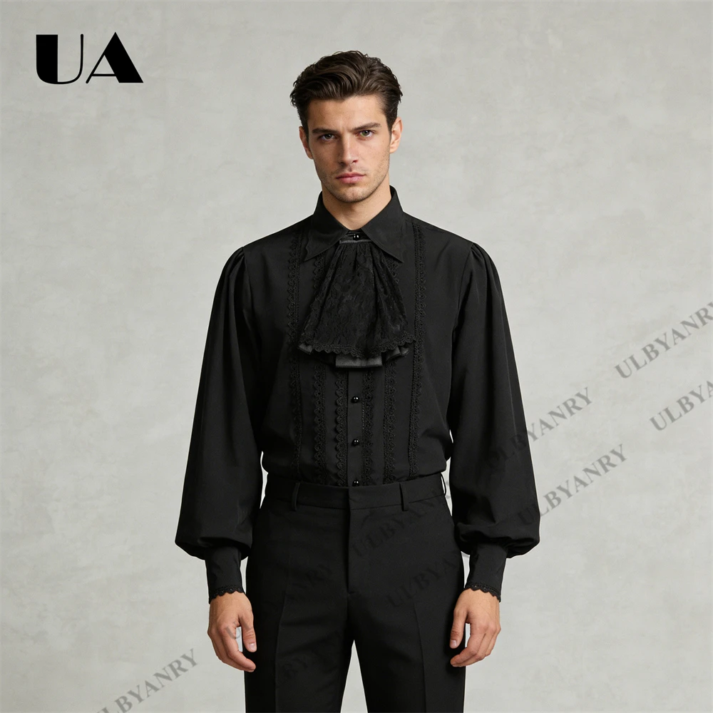 Black Gothic Ruffle Shirt Men's Steampunk Blouse with Lace Jabot Puff Sleeves Formal Shirt for Wedding Gala Pirate Nobleman