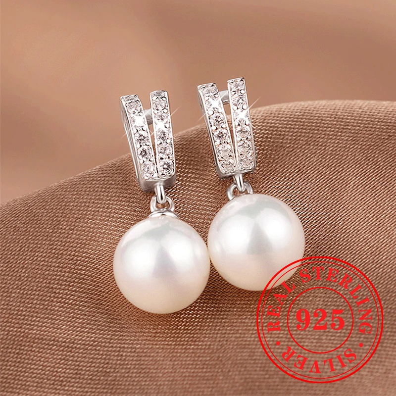 Huitan Hot 925 Sterling Silver Imitation Pearl Drop Earrings for Women Trendy Charm Wedding Party Gift Chic Elegant Fine Jewelry