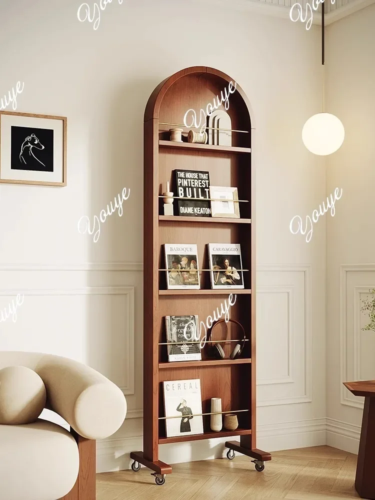XX French Retro Multi-functional Solid Wood Full-length Mirror Floor Storage Magazine Rack Book Mirror Newspaper Rack Movable Fu