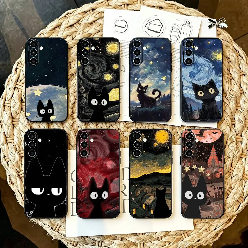Artistic Black Cat Starry Night Phone Case For Samsung Galaxy A55 A35 A54 A53 A33  A52s A42 A32 A71  Black Cover