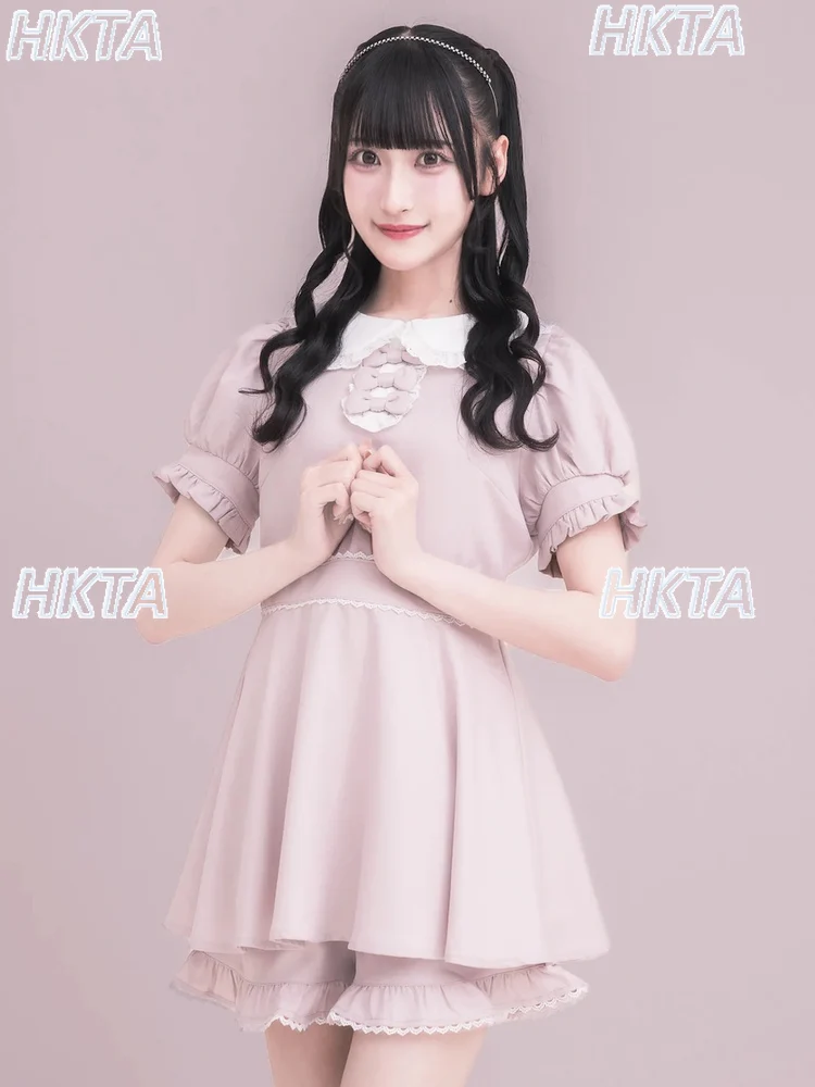

Японский стиль Sweet Lolita Girl Кружевной кукольный воротник с бантом на талии Тонкий пузырь с короткими рукавами Розовое платье Кружевные шорты Комплект из 2 предметов для женщин