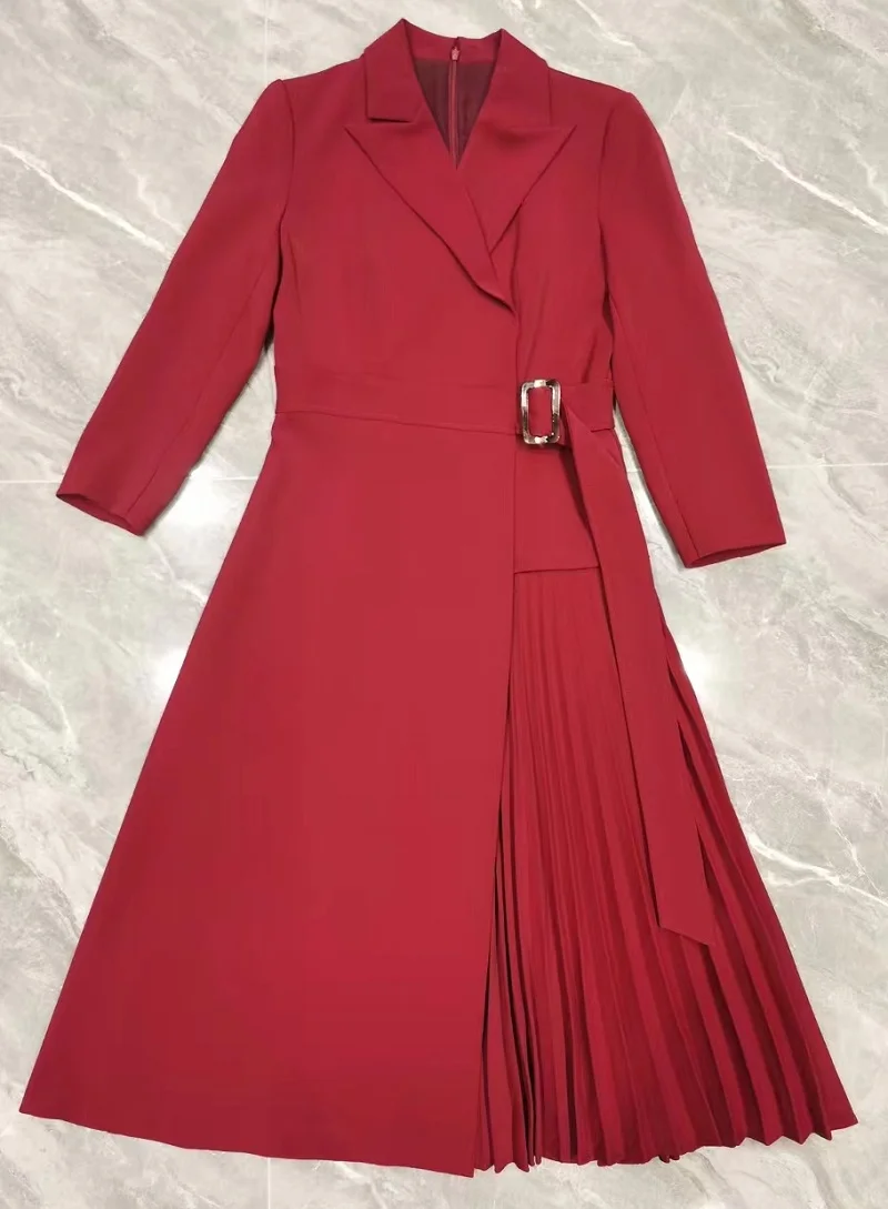 

Top Quality New Fashion Style Dress 2024 Autumn Winter Vestidos Women Notched Collar Pleated Patchwork Long Sleeve Luxury Dress