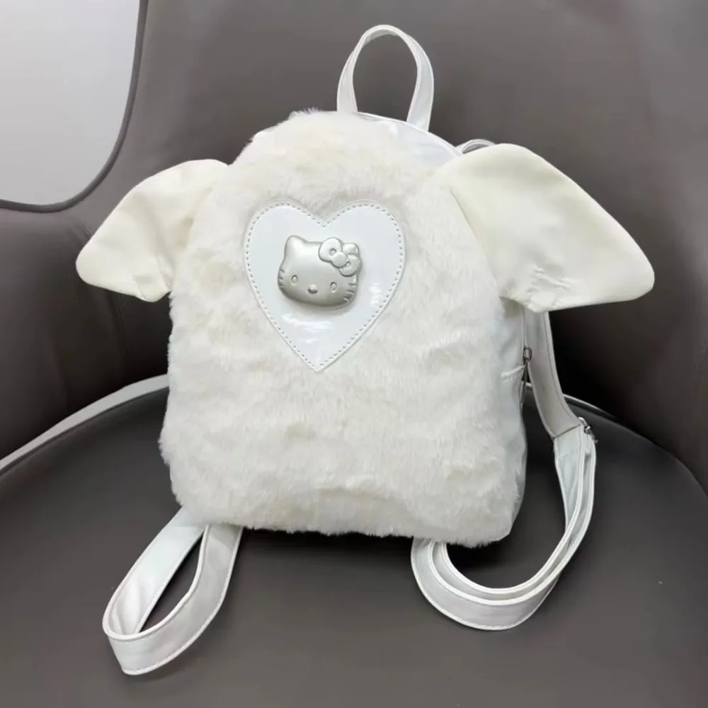 Mochila de Hello Kitty Miniso, bolso de hombro con lazo de felpa blanco bonito, nuevo bolso de mano multifuncional informal con cremallera para invierno para niñas, regalo