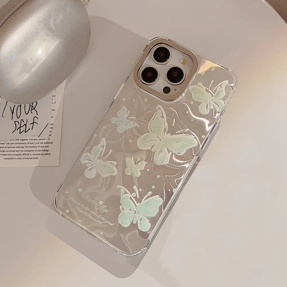 Holographic Green Butterfly Phone Case with Lanyard for iPhone 15 PRO MAX  PLUS 14 13 12 Reflective Fashionable Phone Cover