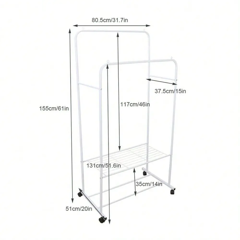 Rolling Clothes Garment Rack Double Rail On Wheels Clothing Hanging Rack Coat Rack With Shelf For Store Bedroom Dressing Room H