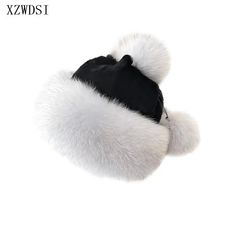 

Женские зимние шапки с куполом из натурального меха, пушистый натуральный топ с кроликом лисы Рекс, шляпа принцессы с помпоном