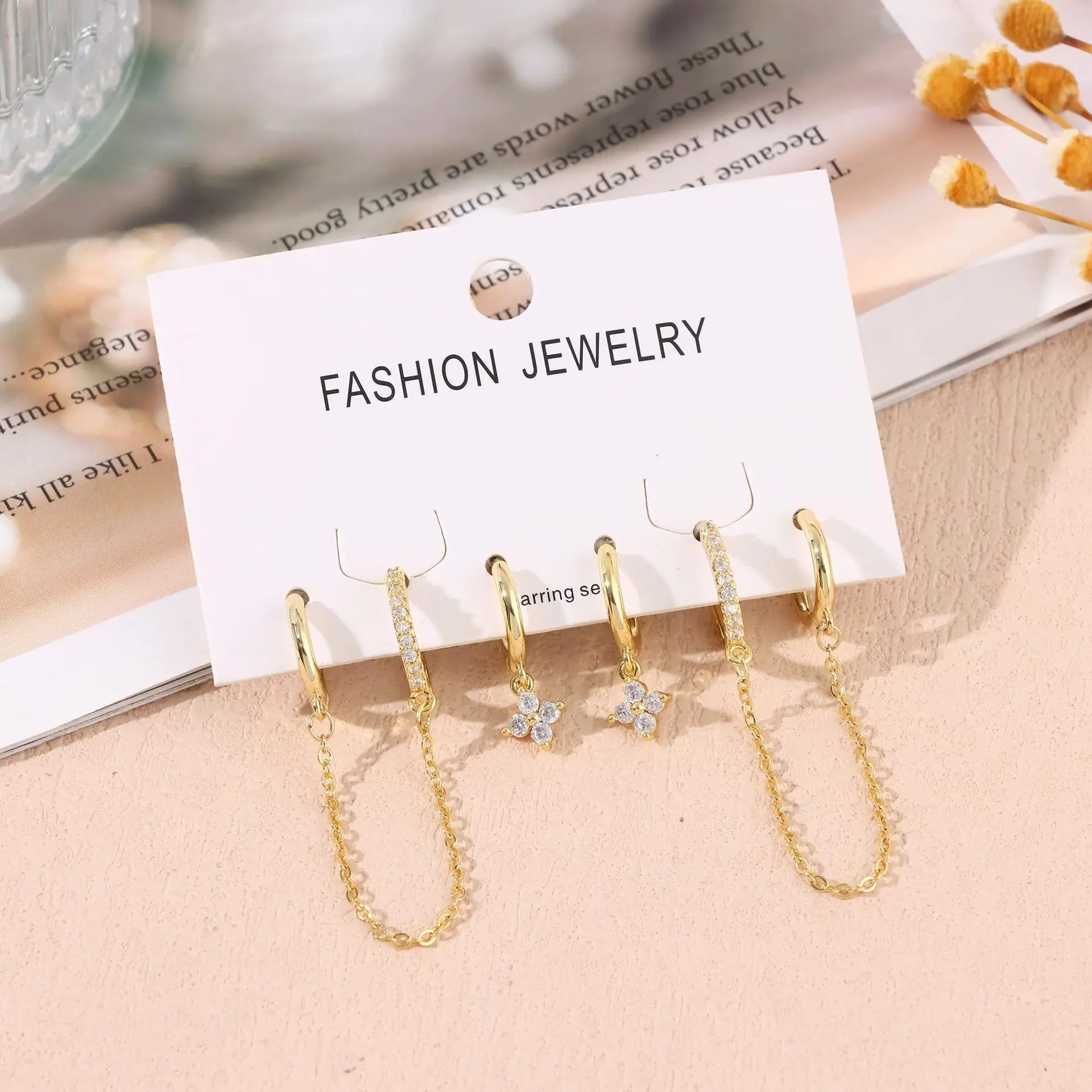 Brass real gold plating, hot-selling, zircon flower chain fashion versatile women's earrings set