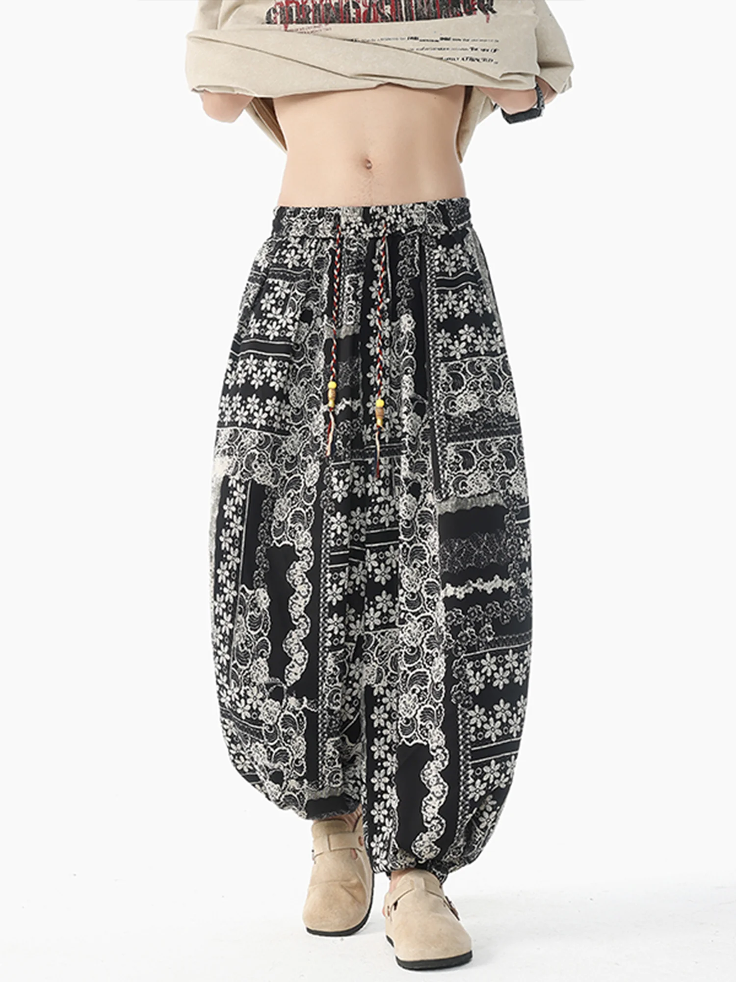 

New Chinese Sle Thin Ice Silk Lantern Pants Men's Ethnic Print Loose Cuffed Harem Summer Casual Trousers Breathable Cool