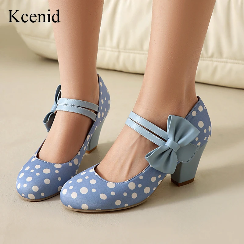 

Kcenid Women's Polka Dot High Heels Ankle Strap Mary Jane Pumps Spring Party Wedding Cosplay Blue Bow Princess Lolita Shoes