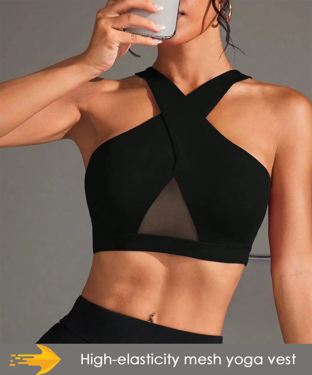 

2026 New bestseller Womens mesh spliced sleeveless cross sports yoga vest, super soft nylon high-elasticity fitness outdoor