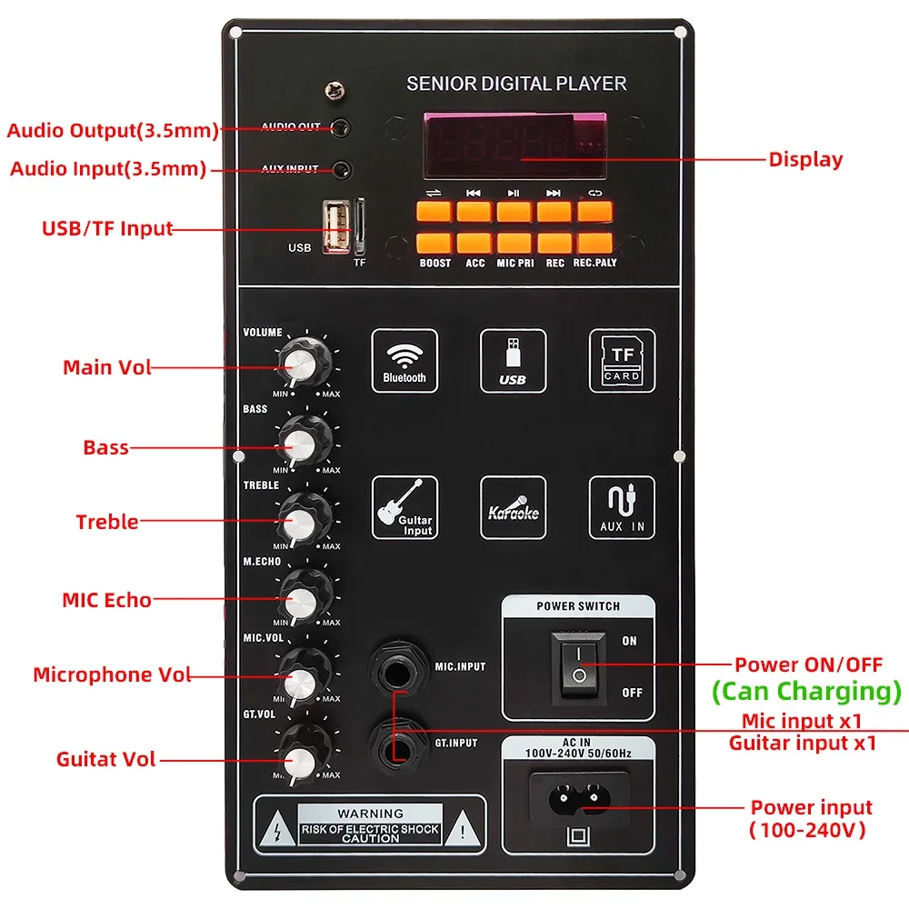 Placa amplificadora de 12V, 110, 220V, 100W, altavoz de baile cuadrado, compatible con Bluetooth, AUX, tarjeta TF, grabación en disco U, altavoz de