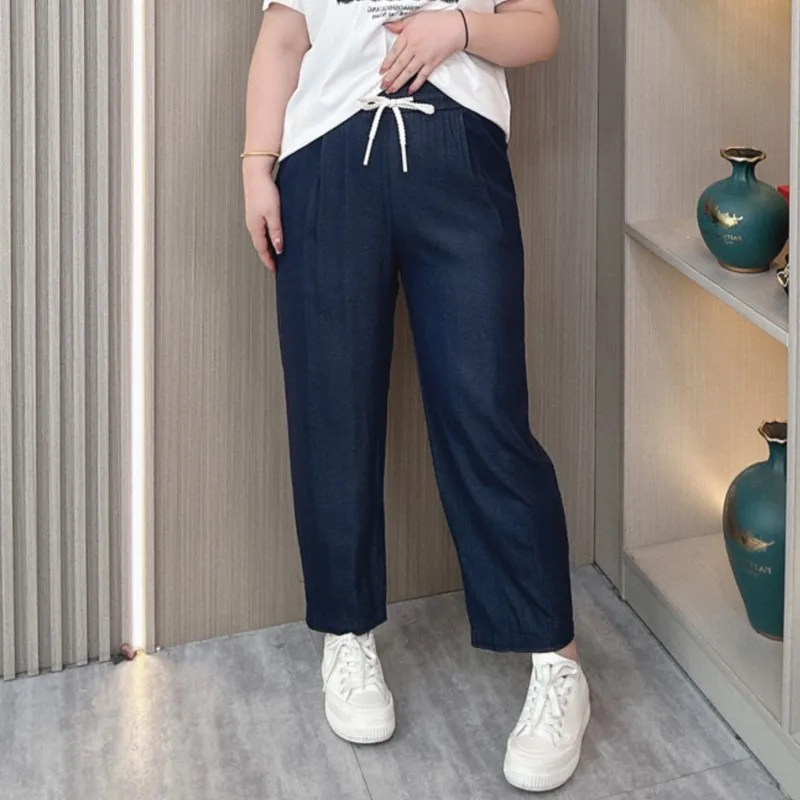 

Summer Lyocell Denim Thin Jeans Women's New Plus Size Elastic Waist Loose Casual Ankle-length Pants