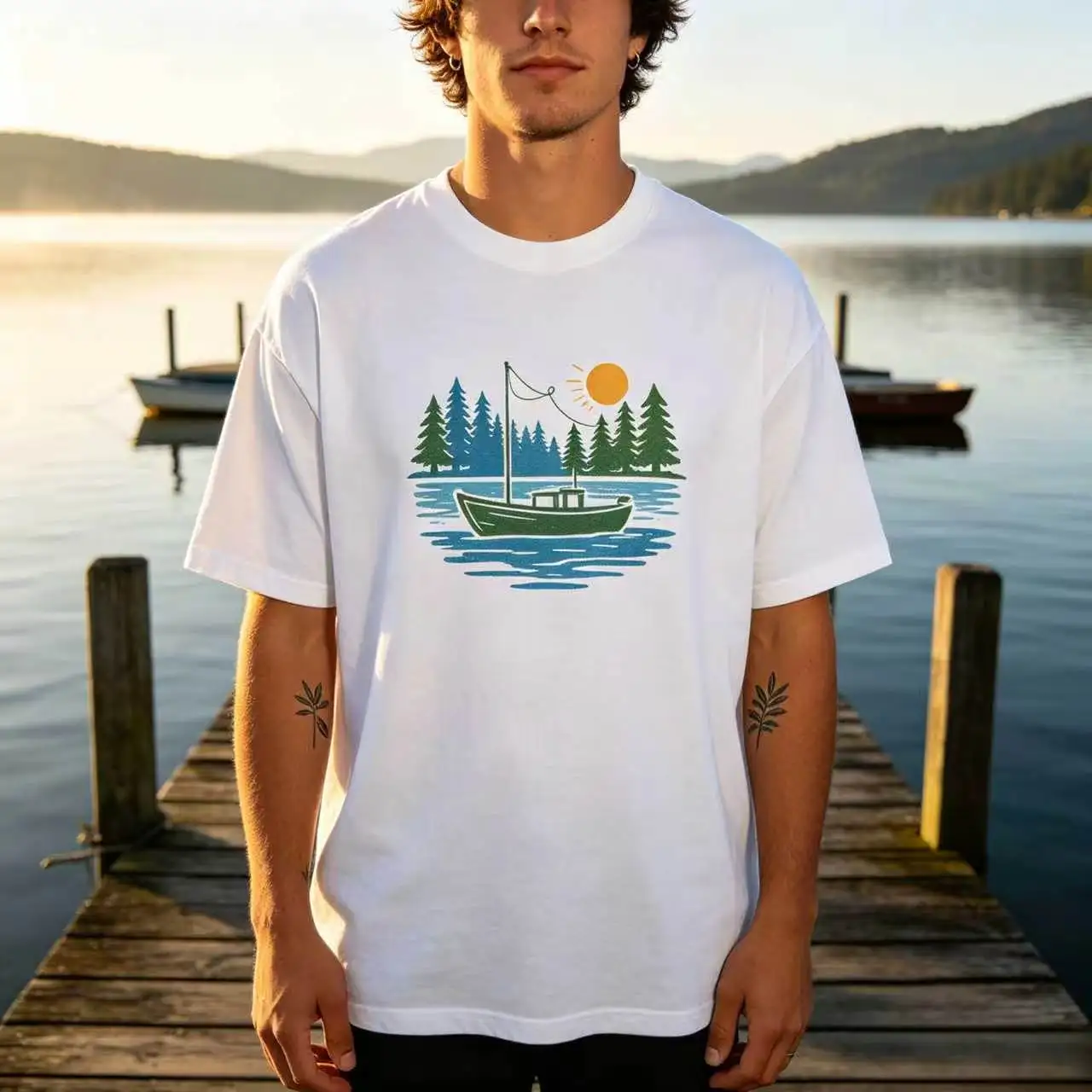 Unisex Lake Boat Pine Tree Fishing Outdoor Graphic T‑Shirt Men Women Nature Adventure Oversized Cotton Short Sleeve Tee
