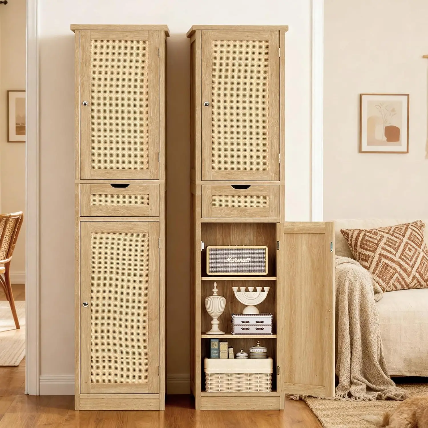 Tall Narrow Storage Cabinet With Doors, Handwoven Rattan Bathroom Cabinet With Adjustable Shelves, Freestanding Linen Storage Organizer Tower For Living Room Entryway Kitchen, Natural Wood Tone view 2