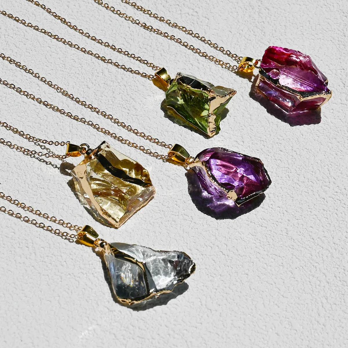 Colorful multi-color synthetic crystal electroplated gold edge pendant, rough ore irregular necklace sweater chain cross-border