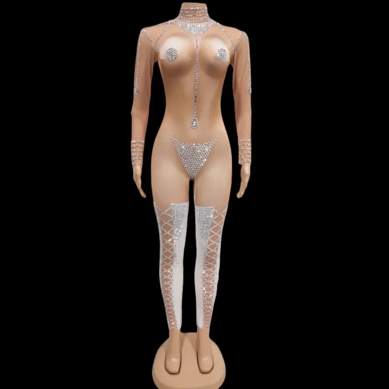 Sexy Nightclub DJ Gogo Pole Dance Crystal Leotard Stage Wear Women Nude Rhinestones Long Sleeve Tight Jumpsuit Show Costume