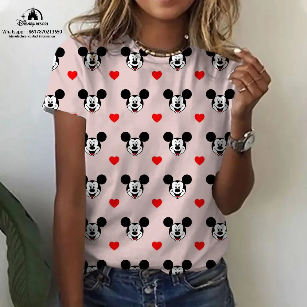 Camiseta cómoda de manga corta para mujer, camiseta de dibujos animados de Mickey y Minnie, camiseta informal de moda de verano 2024