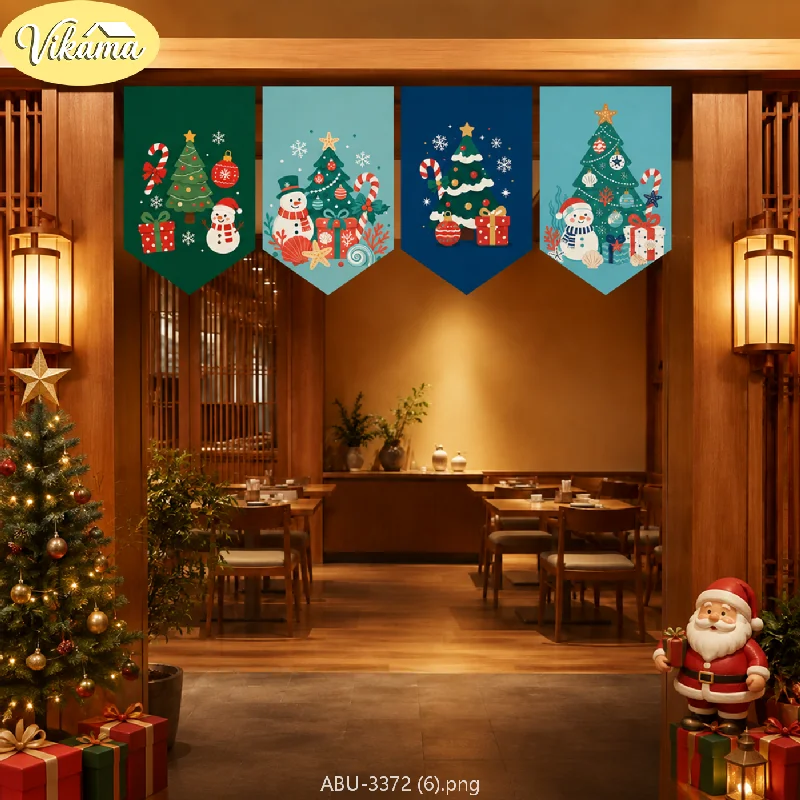 VIKAMA Christmas Forest Squirrel Pennant Flag Set Reindeer Fox Mushroom Pine Present Dark Green Doorway Hanging Kitchen Dining