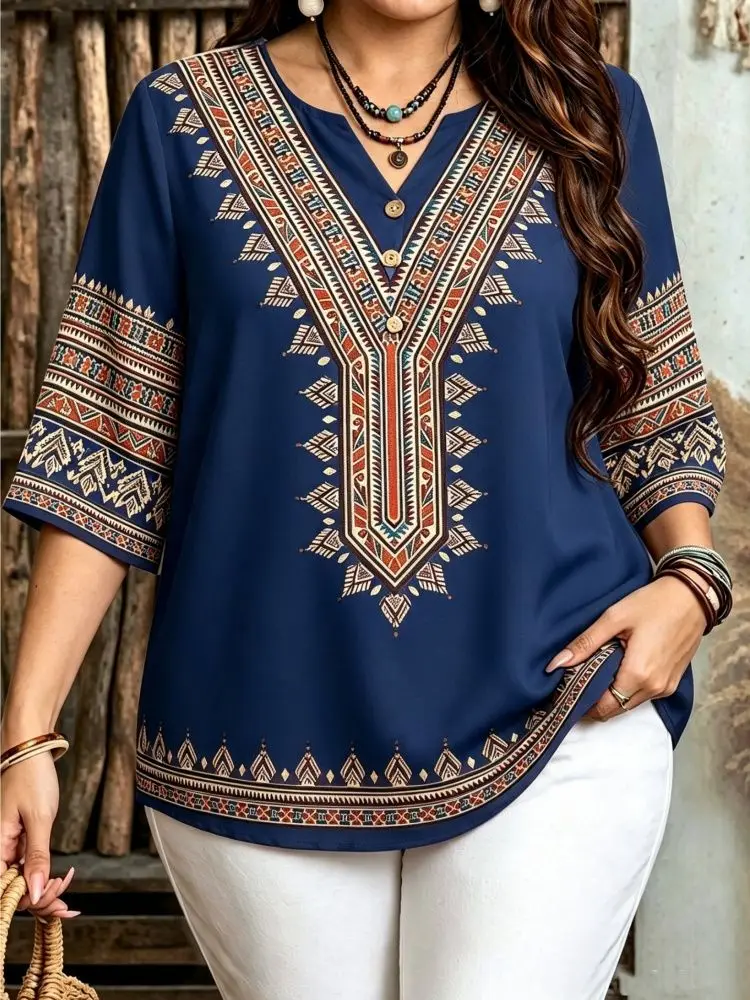 Plus Size Women Boho Ethnic Geometric Print Blouse Notch V Neck 3/4 Sleeve Front Button Loose Casual Daily Tribal Pattern Shirt