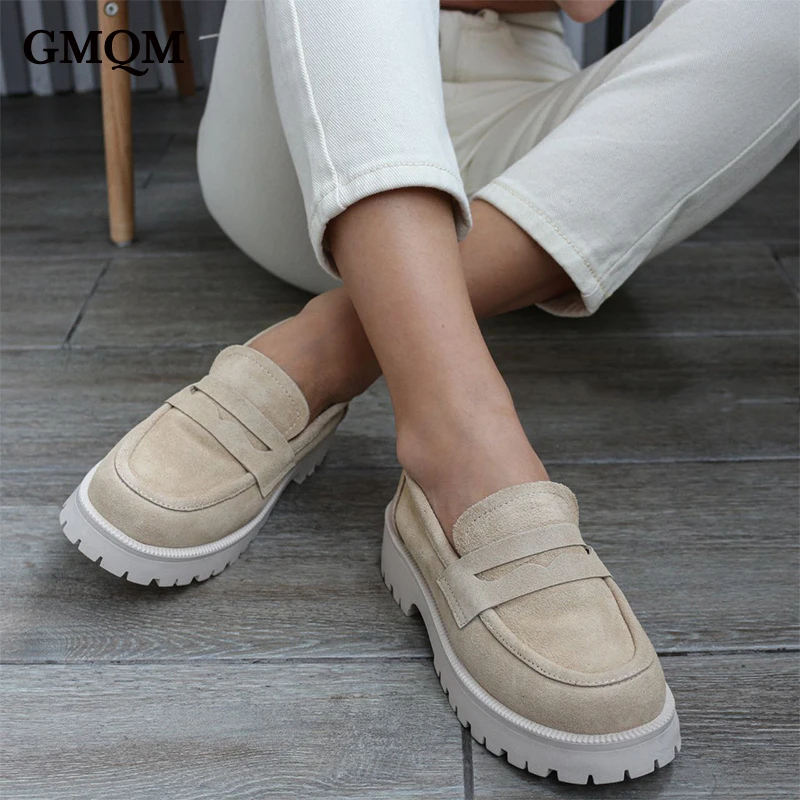 GMQM Brand Fashion Women Genuine Leather Pumps New Classic Platform Loafers Shoes Slip-On High Quality Walking Shoes Office Lady