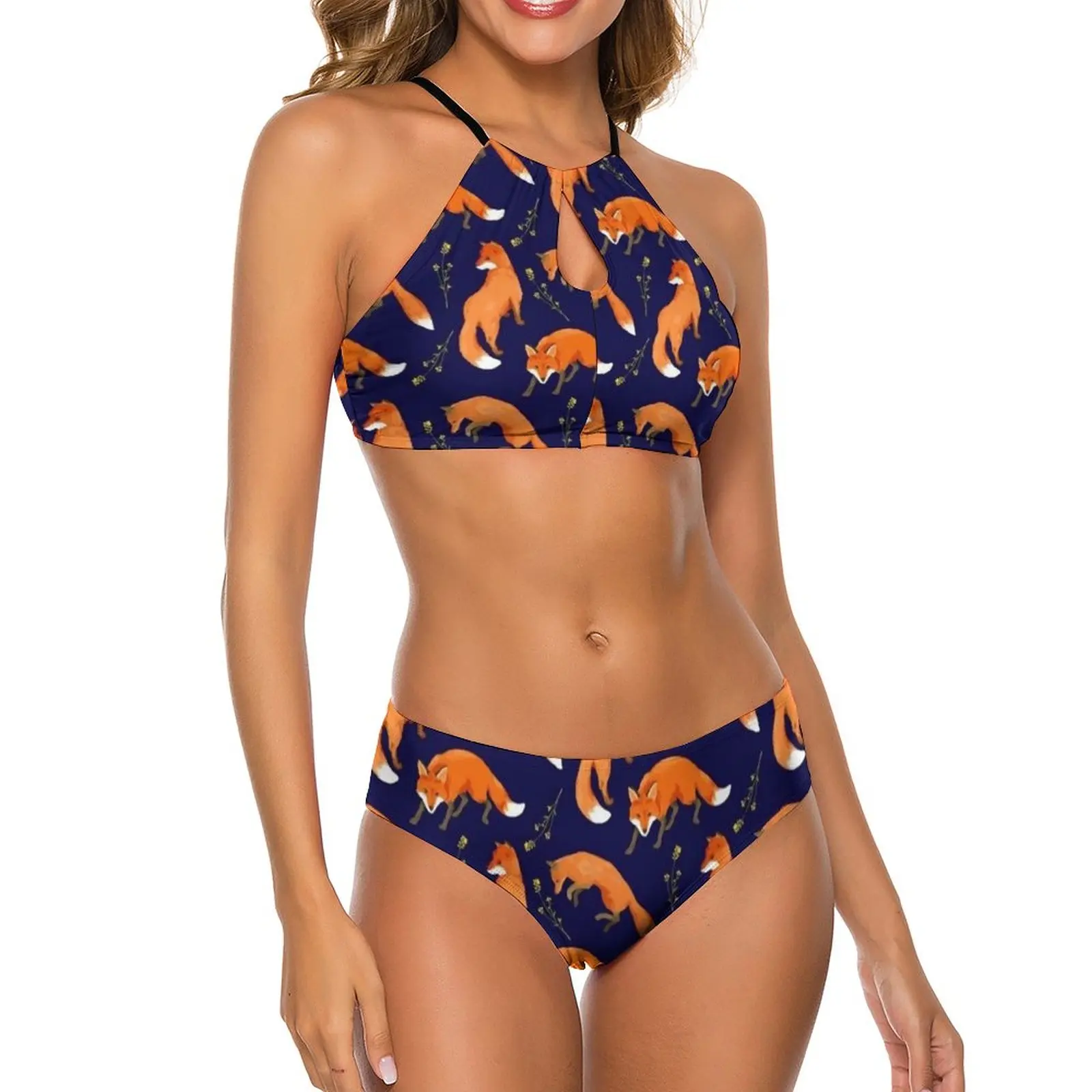 Conjunto de Bikini con diseño de zorro rojo, bañador Sexy con estampado Floral, traje de baño de corte alto con realce, ropa de baño femenina para surfear