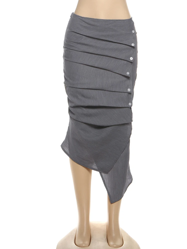 Sisterlinda Button Folds Röcke für Damen, unregelmäßiger Saum, dünn, Büro-Stil, Pendeln, einfach, klassisch, Herbst, Straße, elegantes Outfit