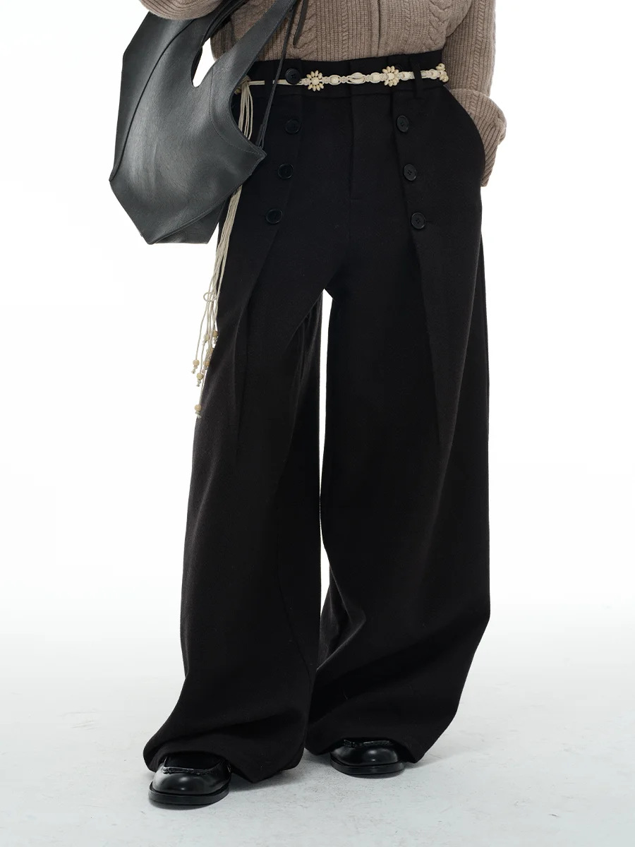 JCAESAR Button Pants with 12 Resin Buttons Woolen Fabric Pleated