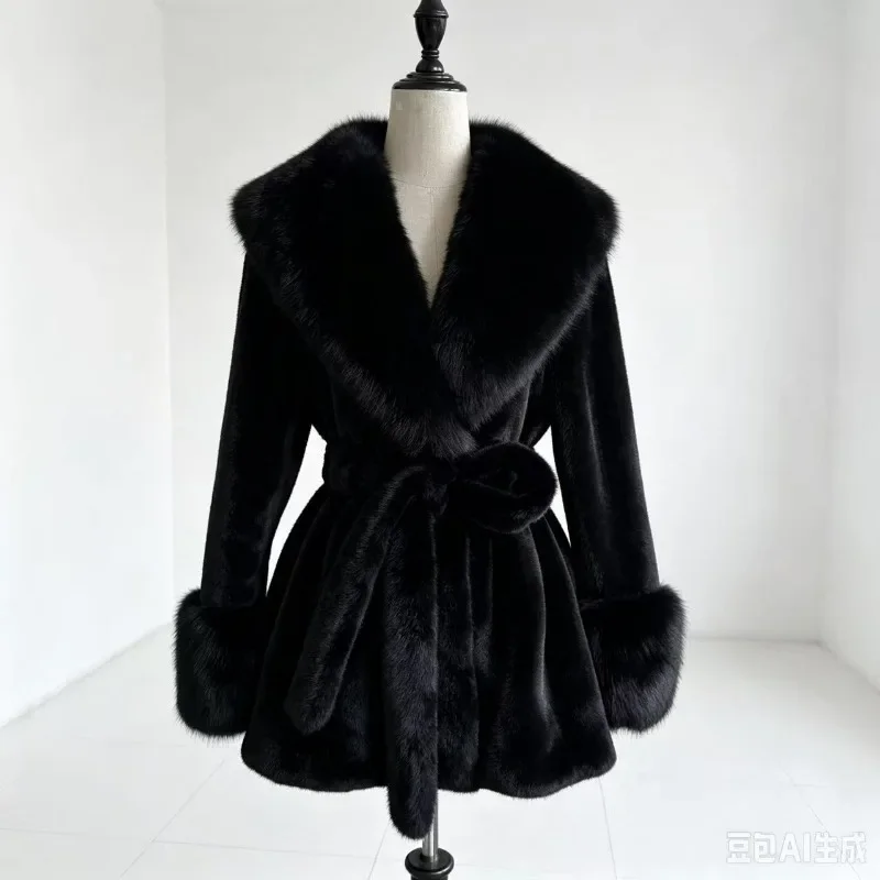 Winter Coat .Faux Fur Coat Women Lace-up Waist Slimming High-end Short Jacket Large Lapel Fur Coat Fashion Warm Women Clothing.