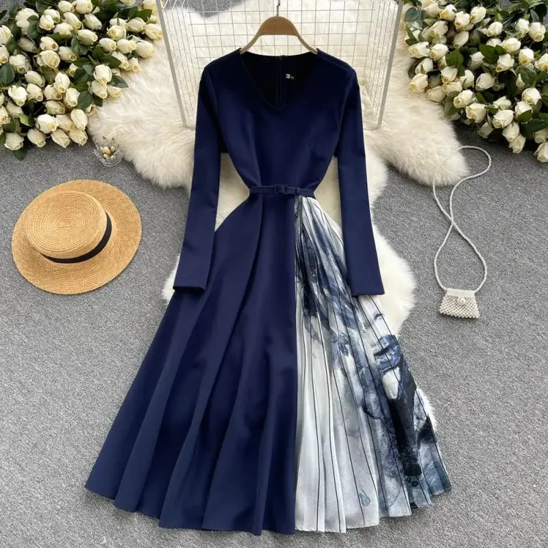 

New Autumn Casual Floral Print Slim Lady Full Dress A Line V Neck Chiffon Pullover High Waist Mid-Calf Women Dresses 500g