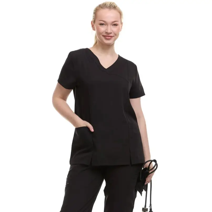 HEAL + WEAR-Top Classique à Manches Courtes et Col en V pour Femme, Vêtement de Travail avec Poches, Exécutif, Une Image Essentielle