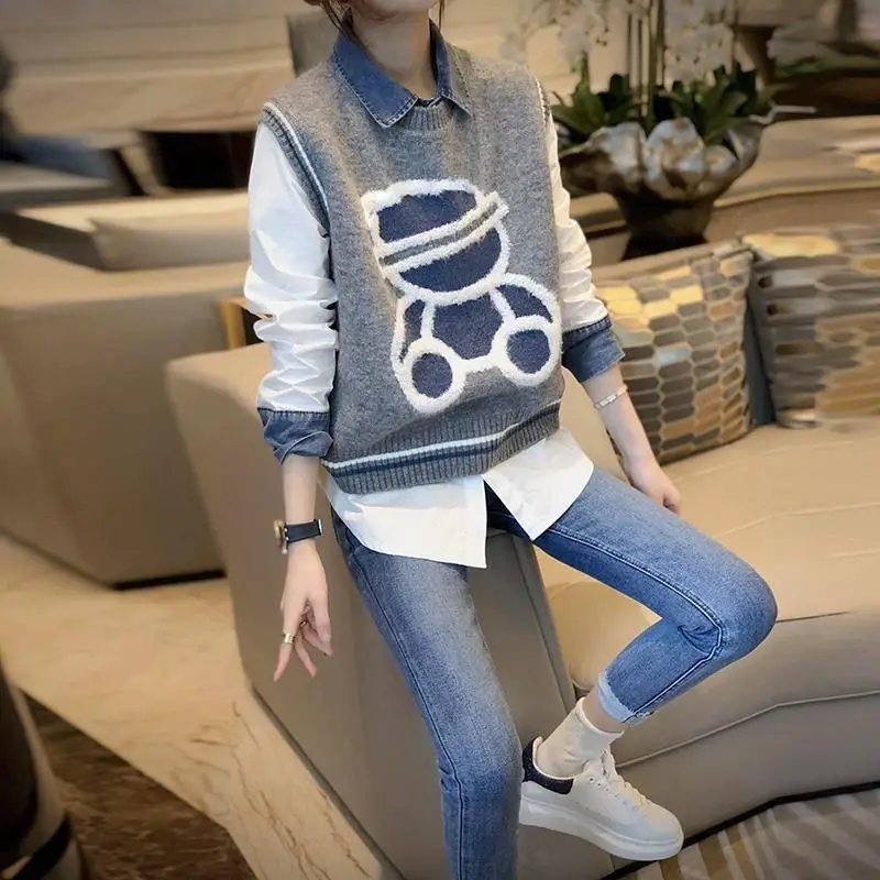 Casual Women's Set Patchwork Denim Collar Shirt+Knitted Sweater Vest Spring Autumn Commuting Temperament Two-piece Set for Women