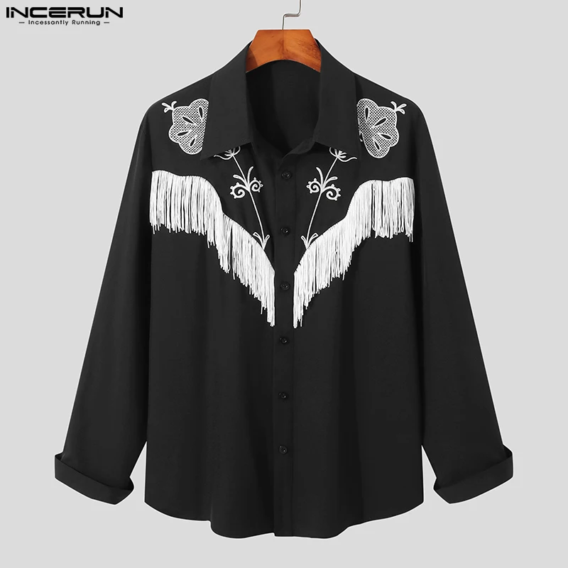 INCERUN 2024 Men Shirt Embroidered Tassel Patchwork Lapel Long Sleeve Button Fashion Camisas Streetwear Casual Men Clothing 5XL