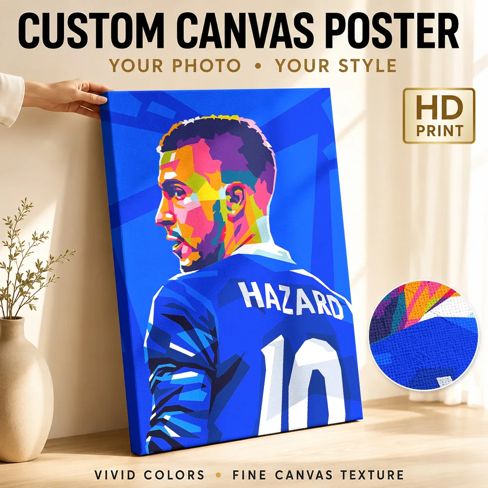 Hazard Soccer Tribute Framed Canvas Poster Pop Style Wall Decor With Personalized Photo For Teen Bedroom Ideal Supporter Gift