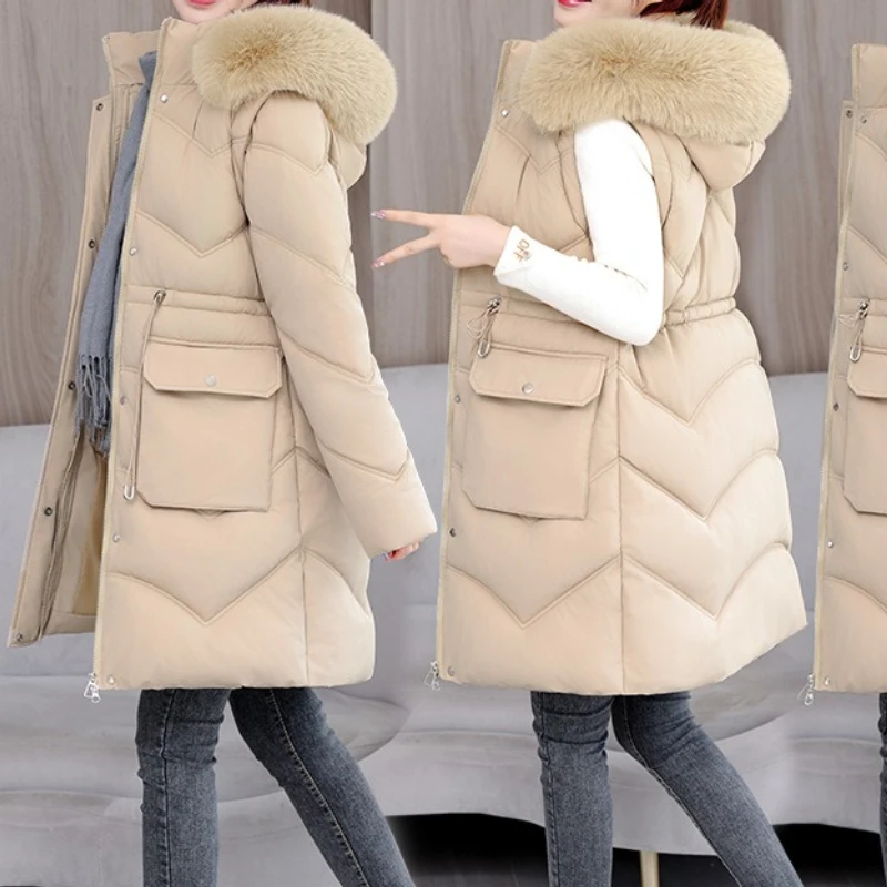 

Women's Medium and Long Cotton-padded Clothes 2025 New Winter Thickened Large Fur Collar Cotton-padded Jacket Women