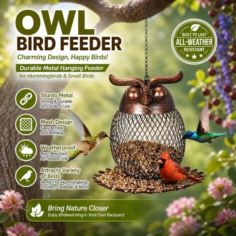 Owl Shape Metal Bird Feeder Bronze Finish Rust Proof Hanging Wild Bird Feeder Squirrel-Proof Metal Mesh Owl Hummingbird Feeder
